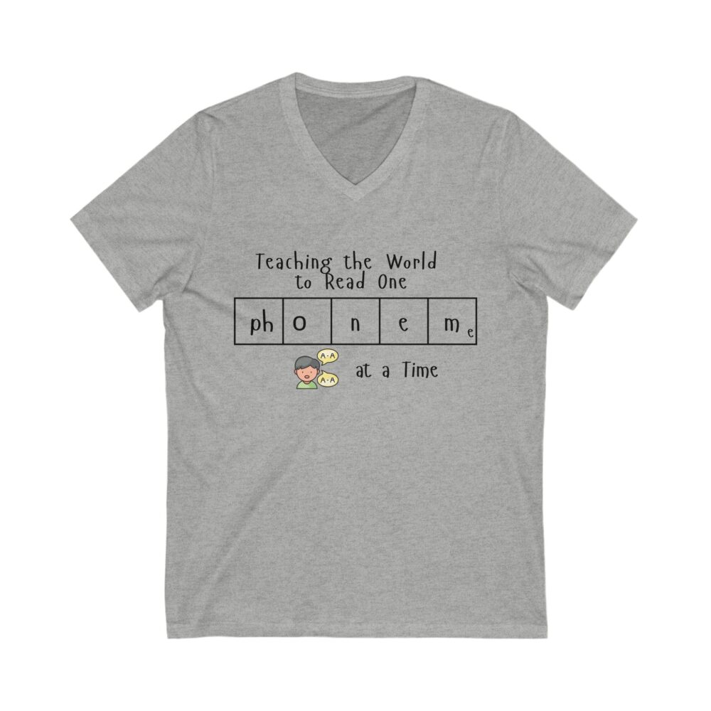 Teaching the World to Read One "Phoneme" at a Time - Unisex V-Neck Tee - Image 7