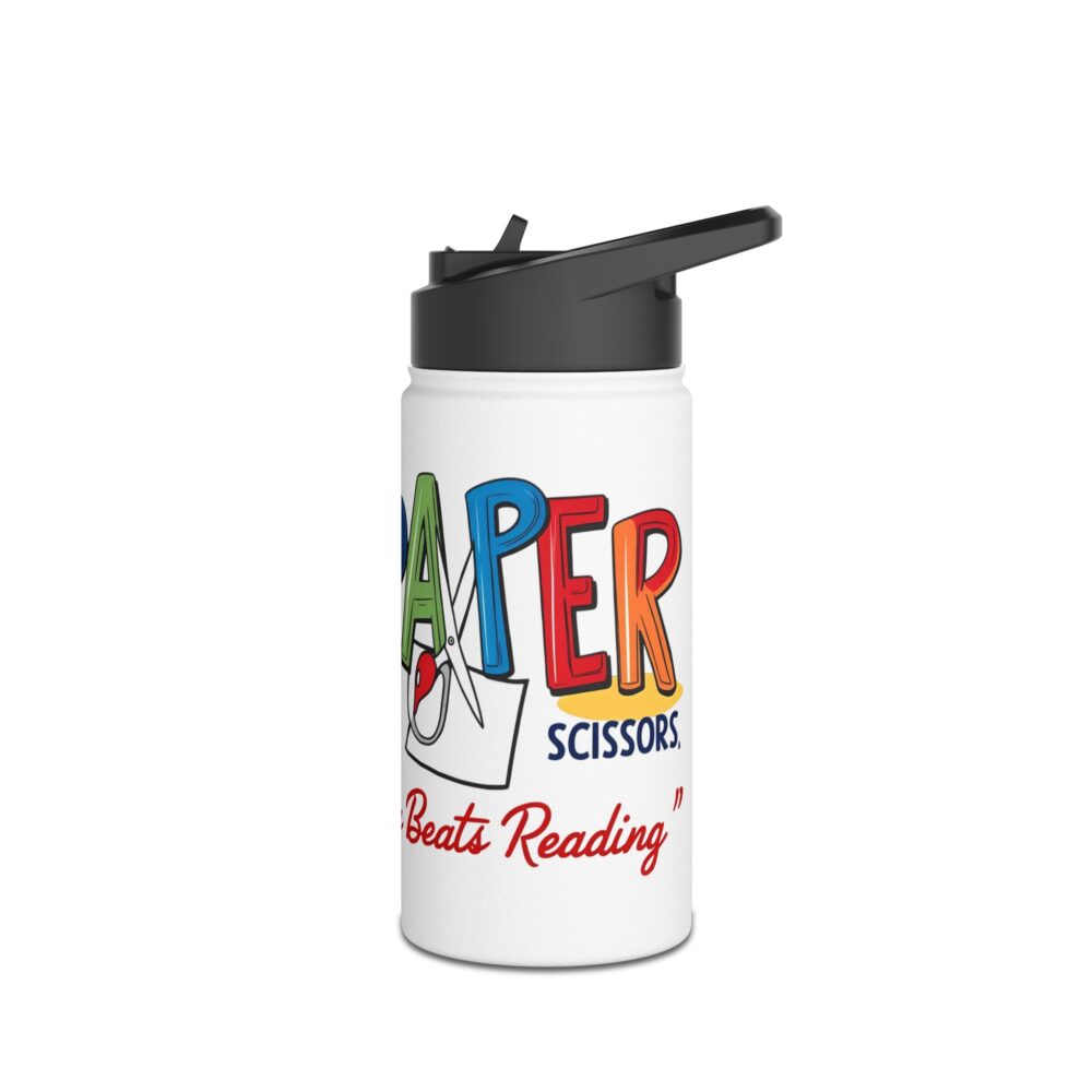 Rock, Paper, Scissors, Nothing Beats Reading - Stainless Steel Water Bottle - Image 4