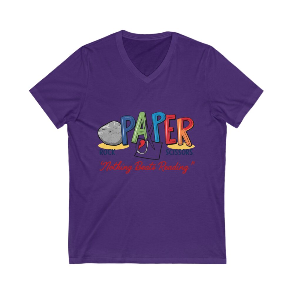 Rock, Paper, Scissors, Nothing Beats Reading - Unisex V-Neck Tee - Image 11