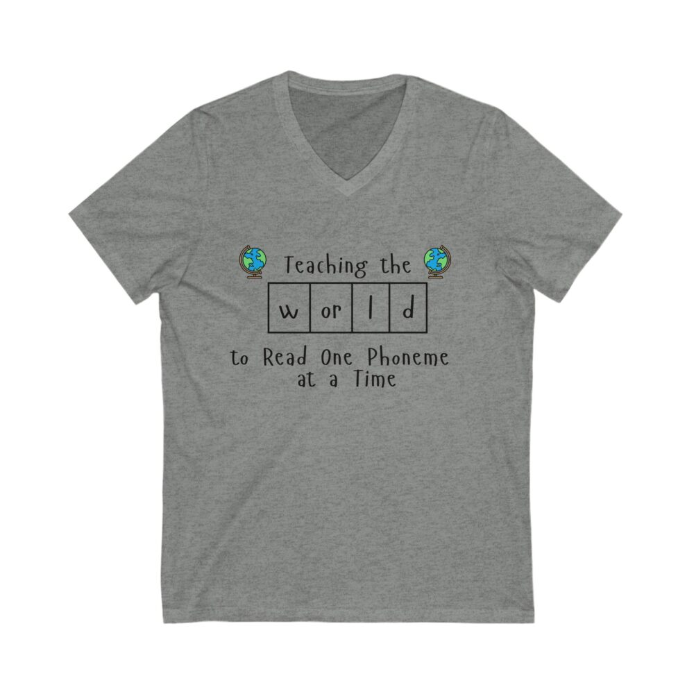 Teaching the "World" to Read One Phoneme at a Time - Unisex V-Neck Tee - Image 5