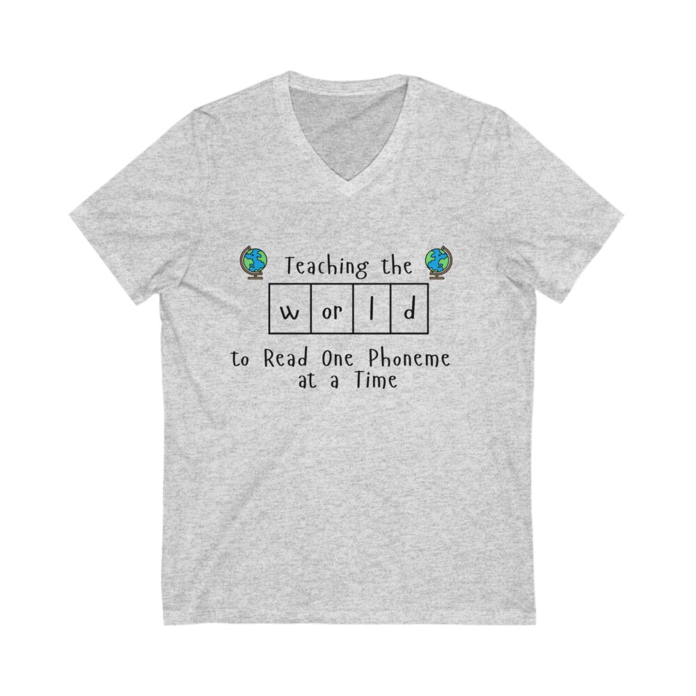 Teaching the "World" to Read One Phoneme at a Time - Unisex V-Neck Tee - Image 3