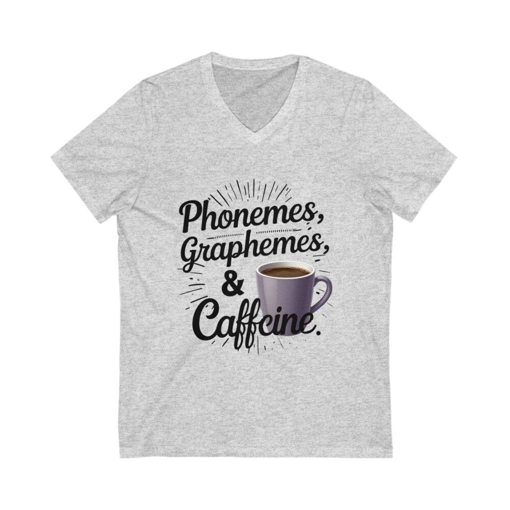 Phoneme, Grapheme, & Caffeine (Coffee) - Unisex V-Neck Tee - Image 3
