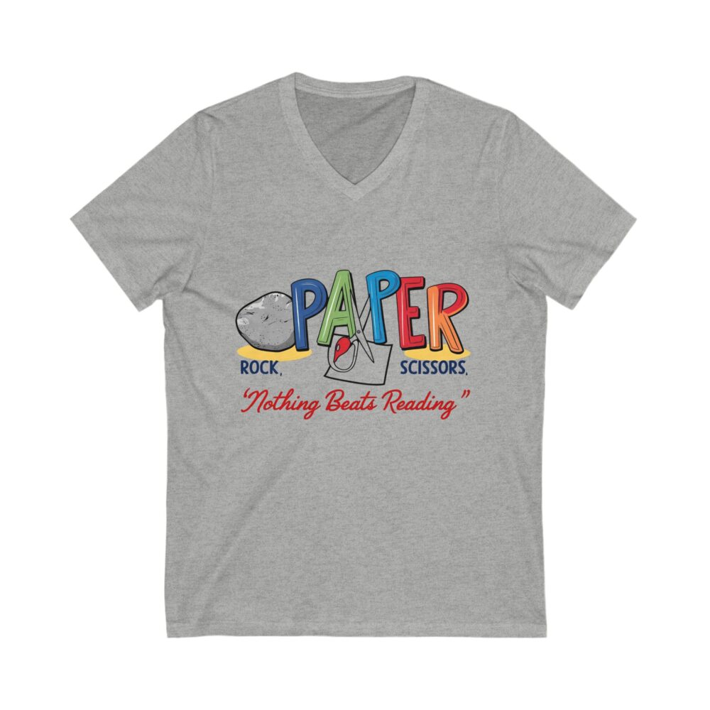 Rock, Paper, Scissors, Nothing Beats Reading - Unisex V-Neck Tee - Image 7