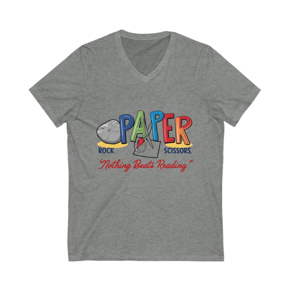 Rock, Paper, Scissors, Nothing Beats Reading - Unisex V-Neck Tee - Image 5