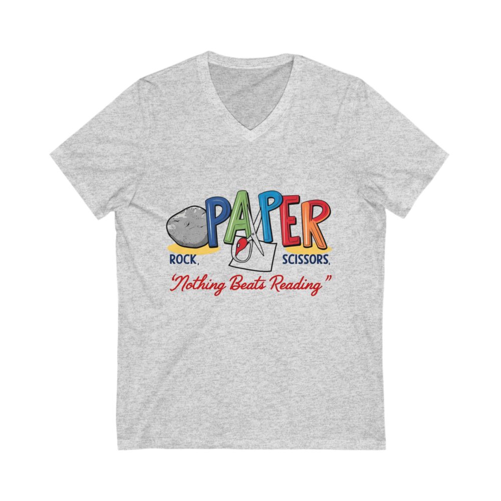 Rock, Paper, Scissors, Nothing Beats Reading - Unisex V-Neck Tee - Image 3