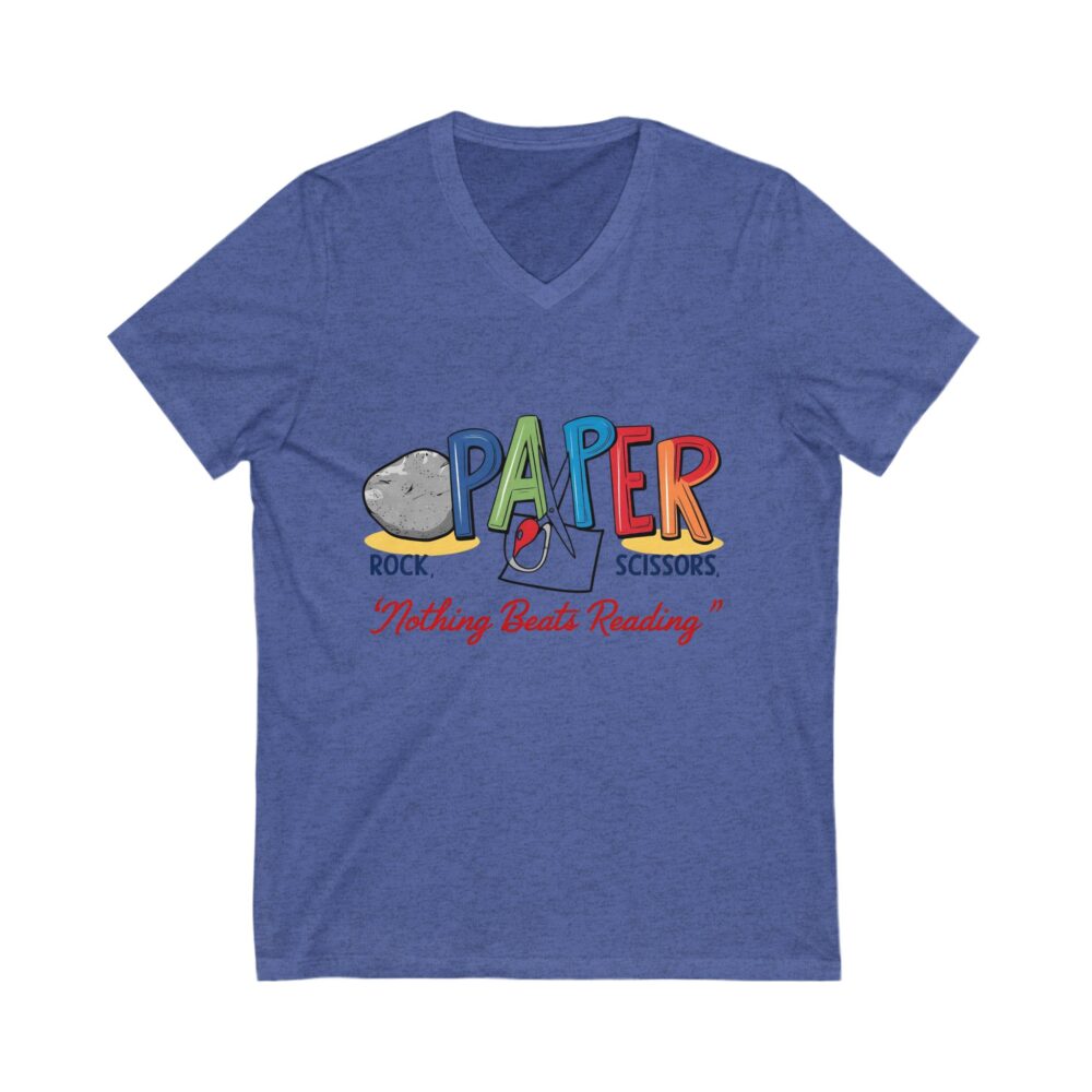 Rock, Paper, Scissors, Nothing Beats Reading - Unisex V-Neck Tee - Image 9