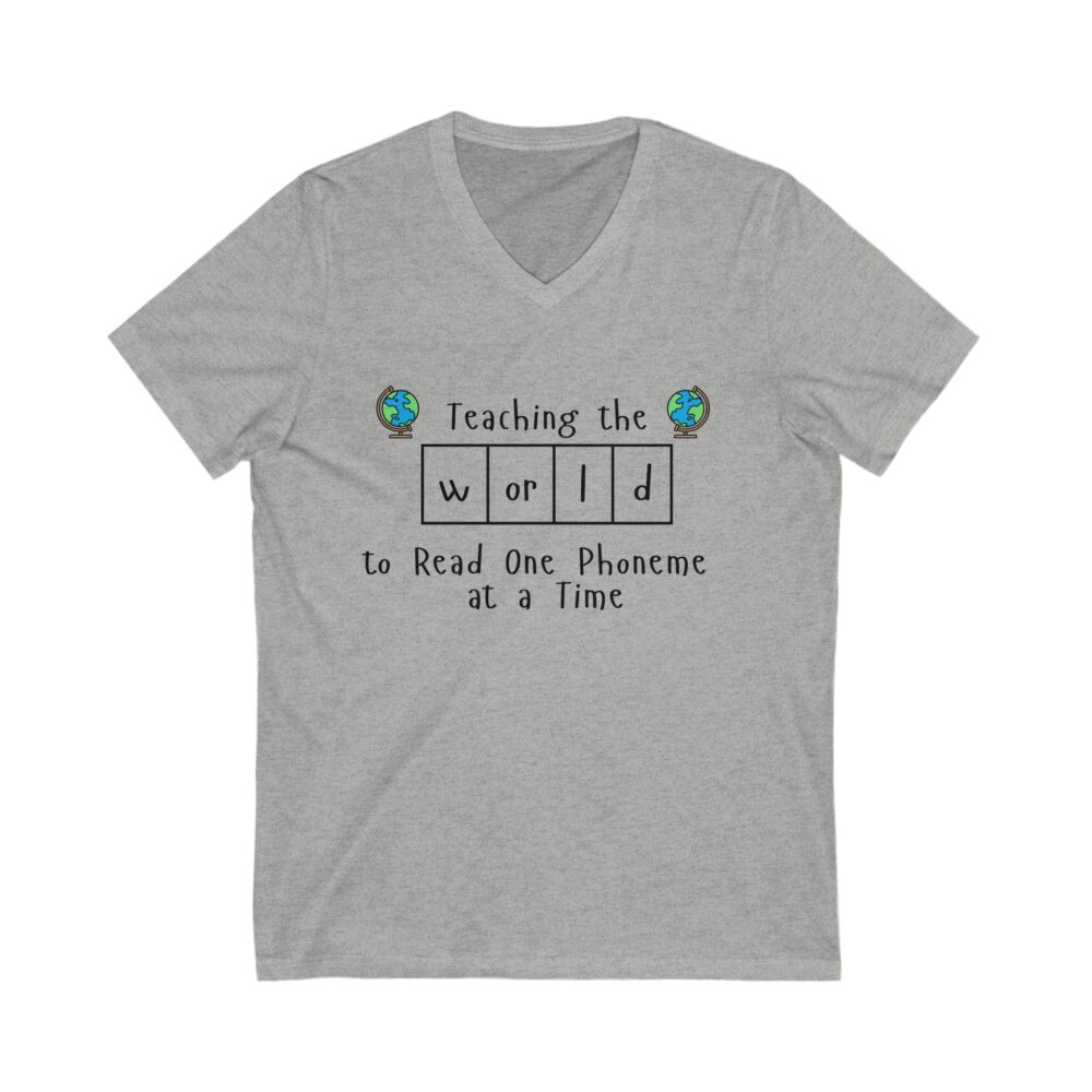 Teaching the "World" to Read One Phoneme at a Time - Unisex V-Neck Tee - Image 7